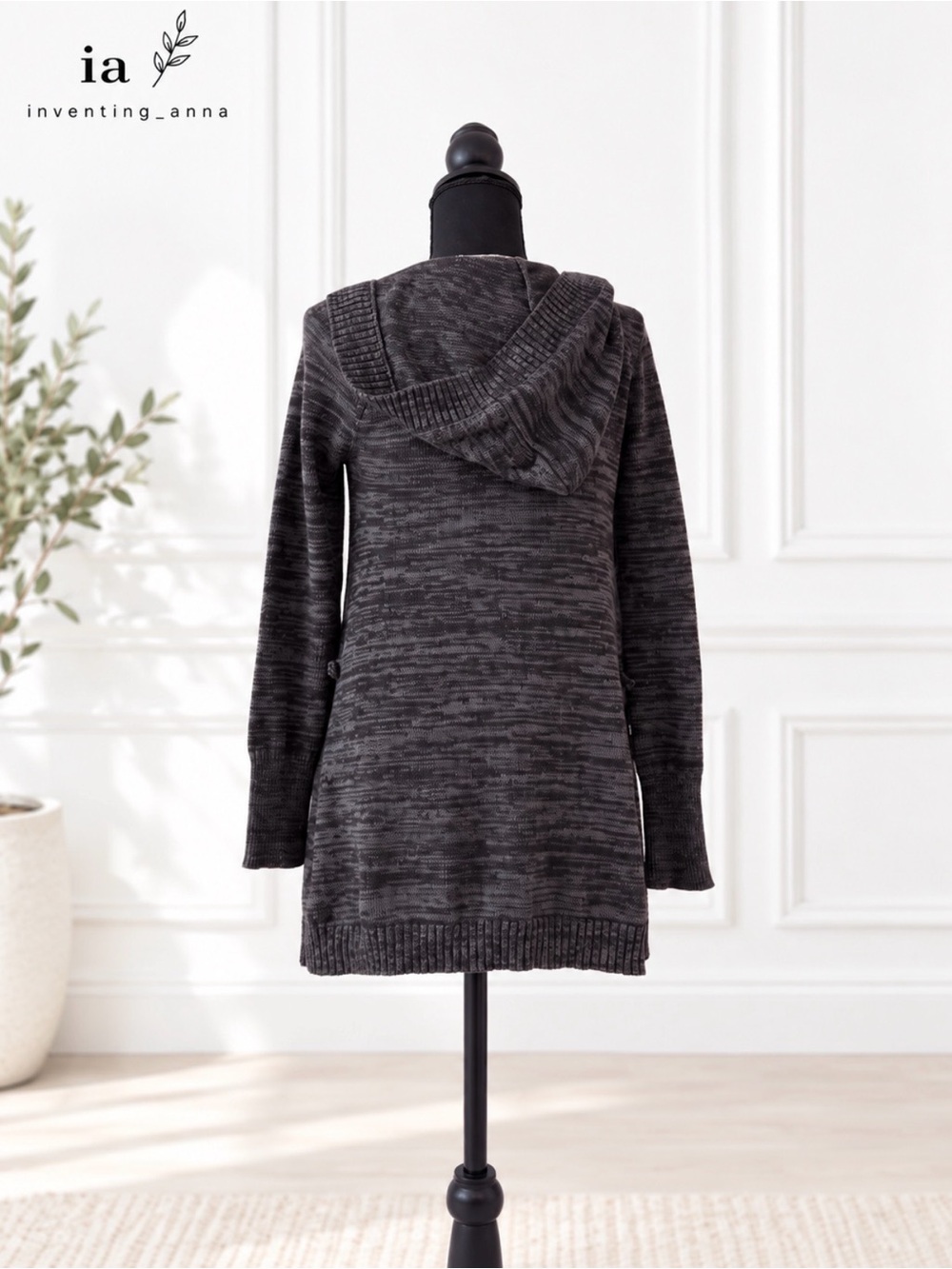Roxy Charcoal Gray Hooded Open Front Cardigan Sweater with Tie Belt & Pockets